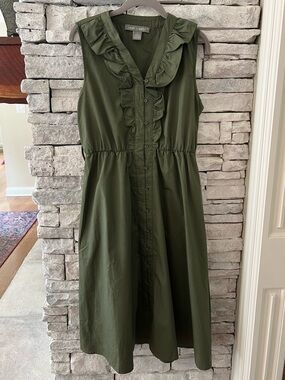 Lark & Grey Olive Green Ruffle-Trim Midi Dress Size L